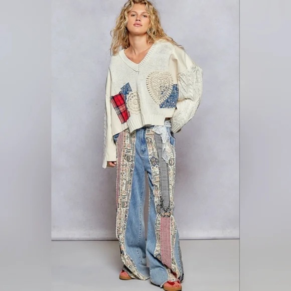 POL V neck Cream Floral Plaid print Oversized Sweater Top - Picture 2 of 6